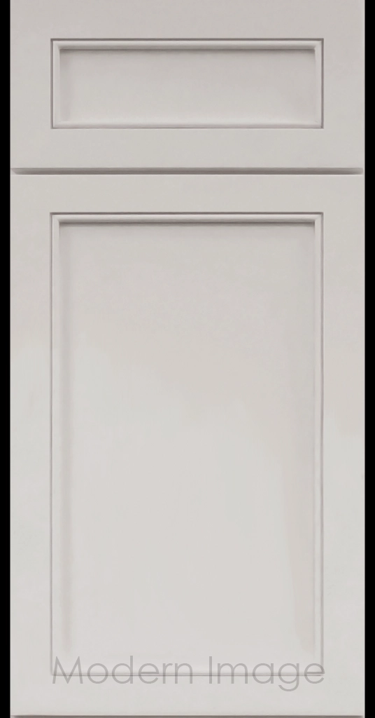 Alpine Slim Cabinet Door a narrow Stile & Rail Surrounding a flat center panel in a Dew Custom Paint